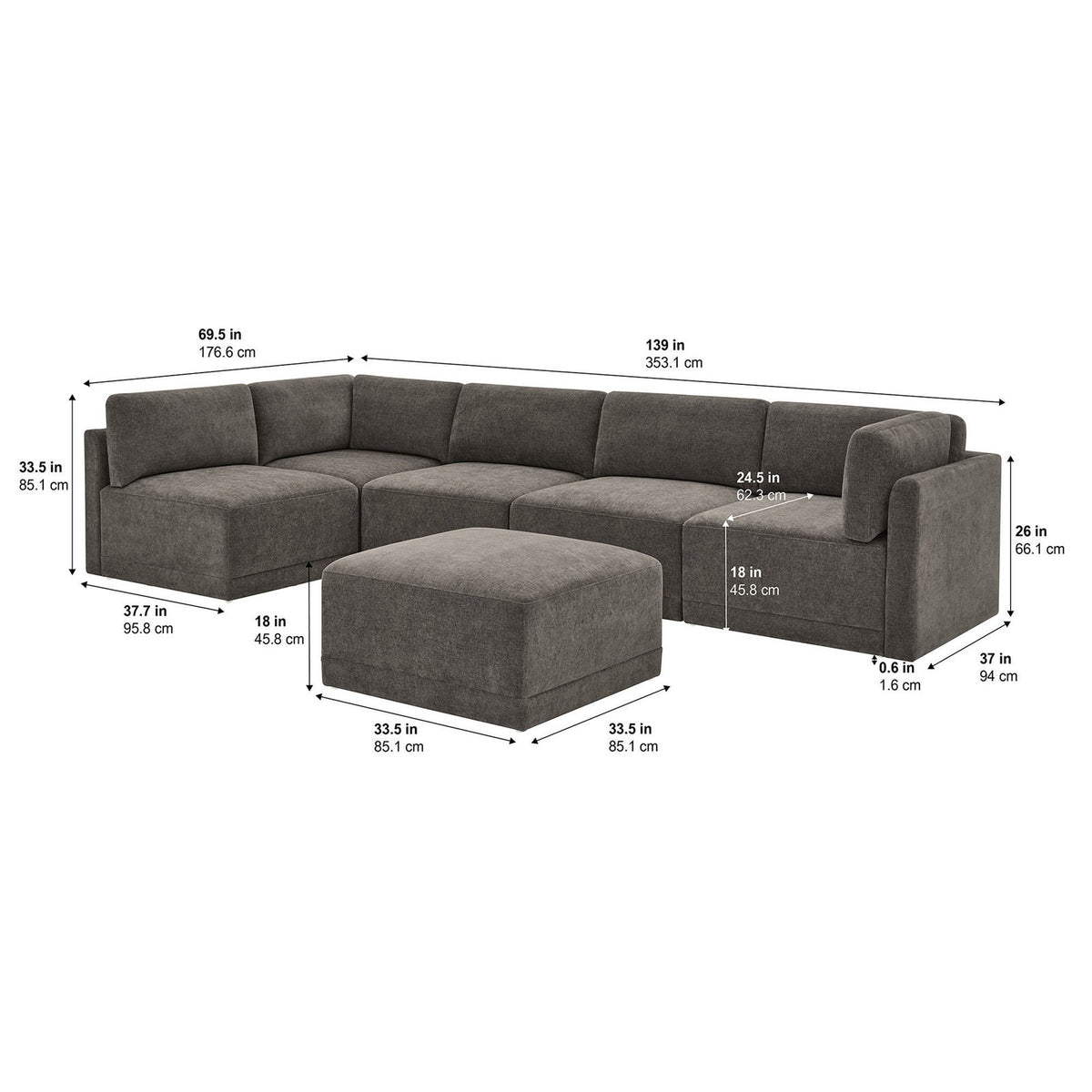 Thomasville Fallon 6-Piece Modular Sectional with Ottoman – Gray – product image 2