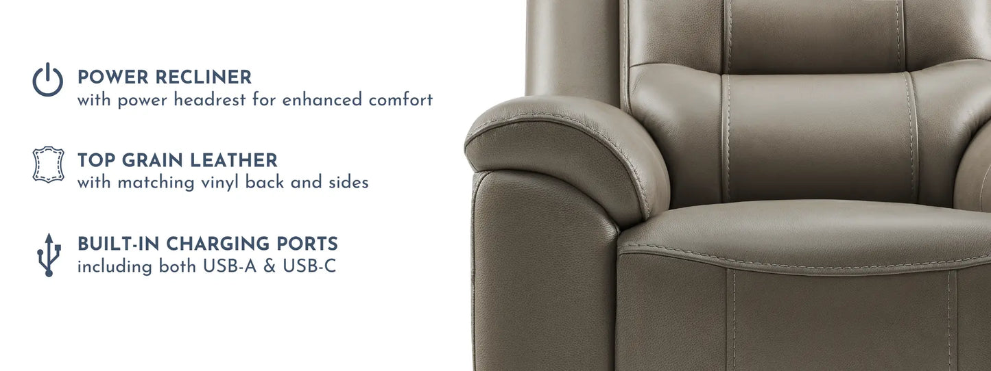 Mason Leather Power Recliner with Power Headrest – Taupe