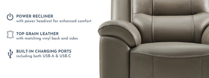 Mason Leather Power Recliner with Power Headrest – Taupe