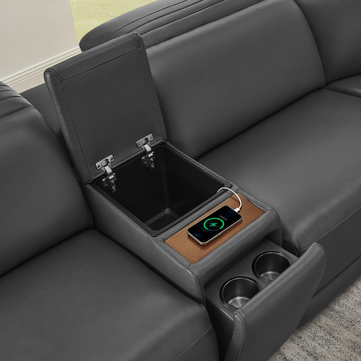 Karson Leather Storage Console with Hidden Cupholders – Gray – product image 6